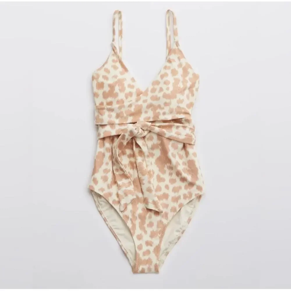 Aerie Leopard Wrap One Piece Swimsuit Full Coverage Animal Print NWT L Long
